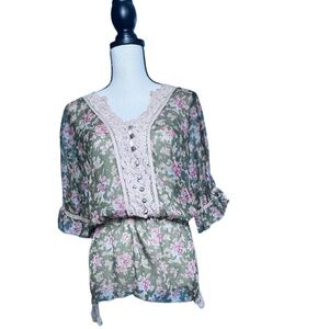 Free People Sheer Women's Top Sz XS Lace V Neck  Elastic Waist Kimono Pre-owned